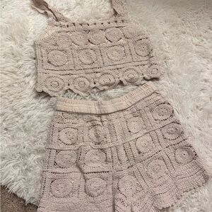 Women's Crochet Tan Shorts Set